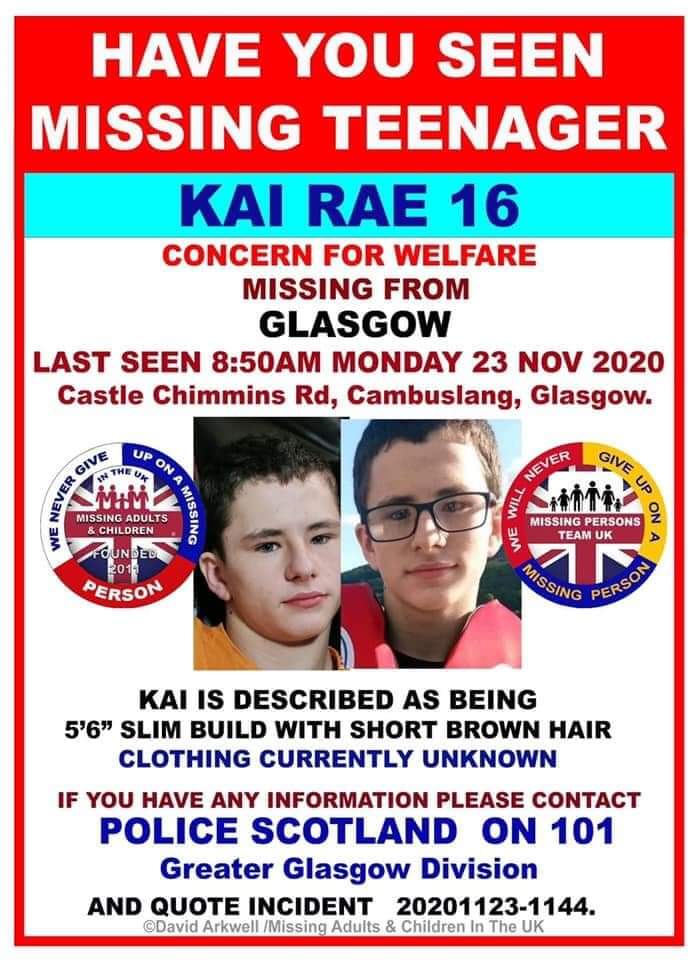 Kai Rae 16 missing from cambuslang Glasgow,  can everyone retweet &amp; hopefully get this young lad home safe and well to his family .