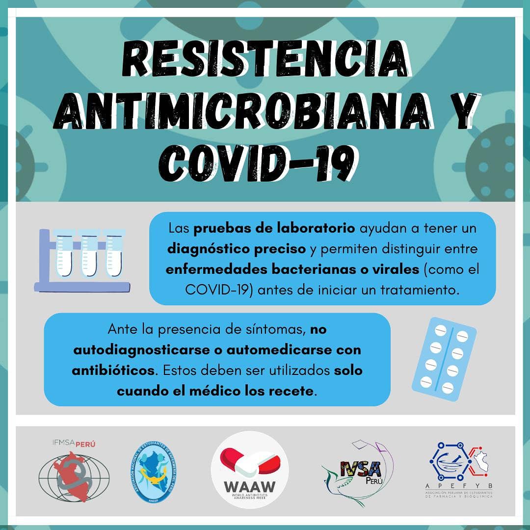IFMSAPERU's tweet photo. Resistencia antimicrobiana y COVID-19 

Aquí te compartimos información relevante sobre el tema 👇🏼🤍

#WAAW 💊🌐
#IFMSAPERU https://t.co/A98PIL5NBN