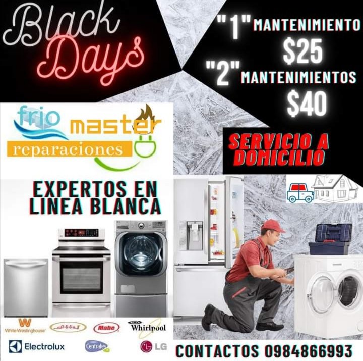 "EXPERTOS EN LINEA BLANCA"
Todo lo podemos arreglar. 
Servicio a domicilio trabajos con garantía de 1 año...  Contamos con expertos con años de experiencia (cocinas, lavadoras, secadoras, refrigeradoras)  
"todo en linea blanca" 
Contactate al 0984866993