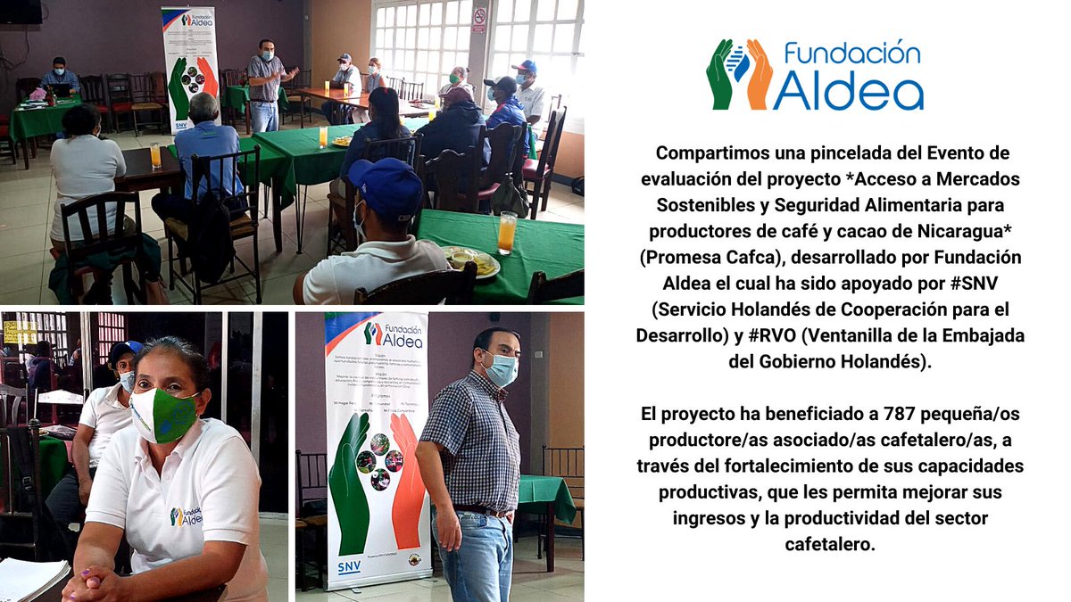 FundacionAldea's tweet photo. Evento de Evaluación del Proyecto *Acceso a Mercados Sostenibles y Seguridad Alimentaria para productores de café y cacao de Nicaragua* (Promesa Cafca) Ejecutado por #FundaciónAldea apoyado por @SNVCAMERICA  #RVO Beneficiando a 787 productores/as cafetaleros 
#MiFinca #MiMontaña https://t.co/xdv1wRMGWV