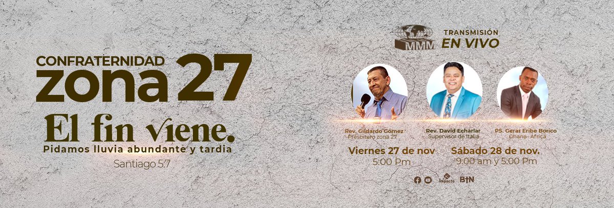 "EL FIN VIENE PIDAMOS LLUVIA ABUNDANTE Y TARDIA."
¡Ya sólo falta un Día para nuestra #ConfraternidadZona 27! 
¡Estas cordialmente invitado!
¡Te esperamos, será de gran bendición para tu vida! 
No olvides compartir con tus familiares y amigos está gran noticia.