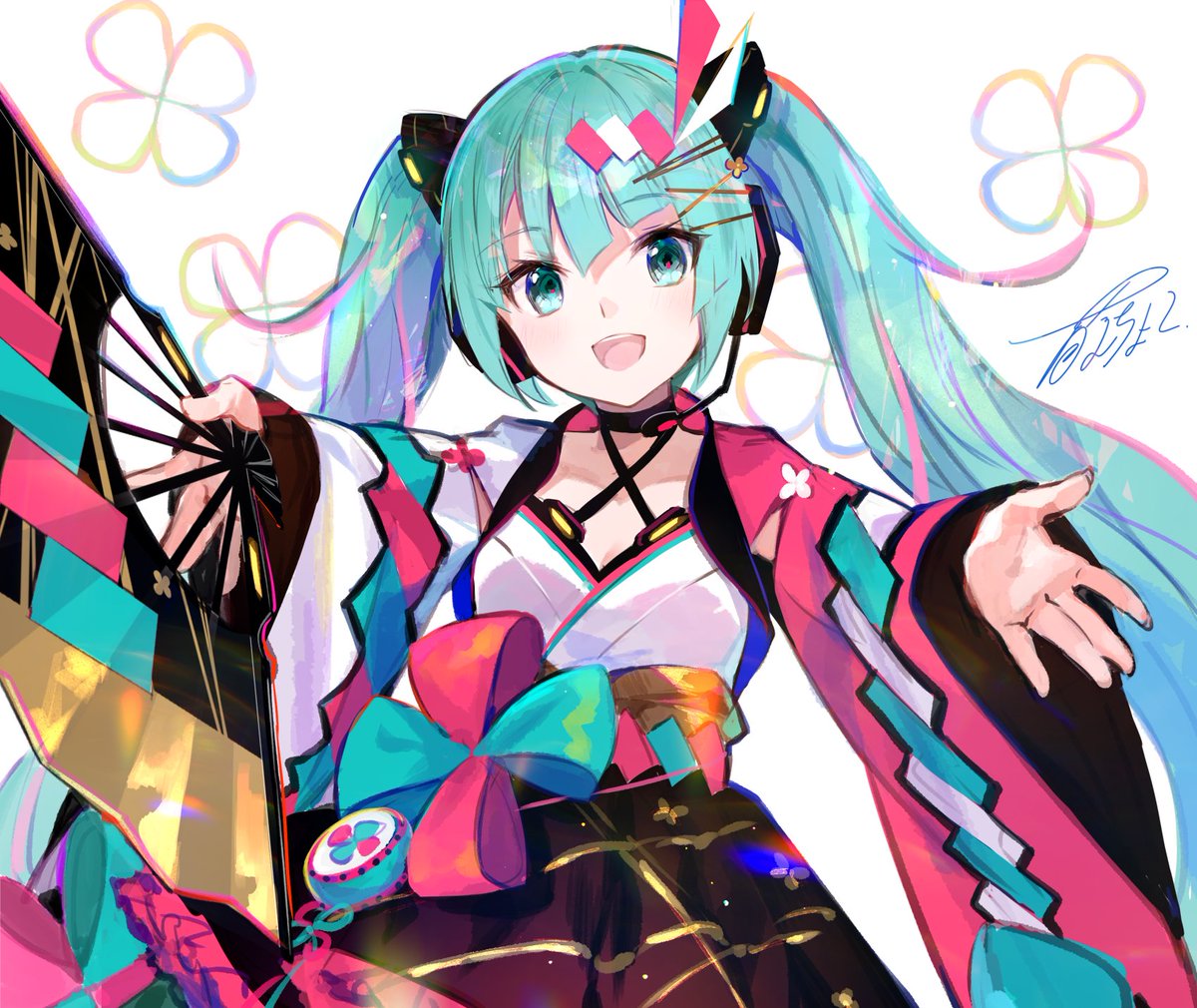 hatsune miku ,magical mirai miku 1girl solo twintails long hair japanese clothes hand fan holding  illustration images