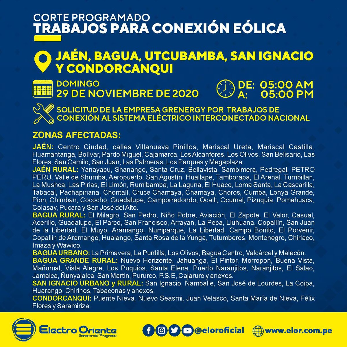 #Comunicado | Atención #Jaén, #Bagua, #Utcubamba, #SanIgnacio y #Condorcanqui, el domingo 29 de noviembre se interrumpirá el servicio eléctrico por trabajos de de conexión al Sistema Eléctrico Interconectado Nacional (SEIN) de la Empresa Grenergy. https://t.co/DMrhNfTDx8