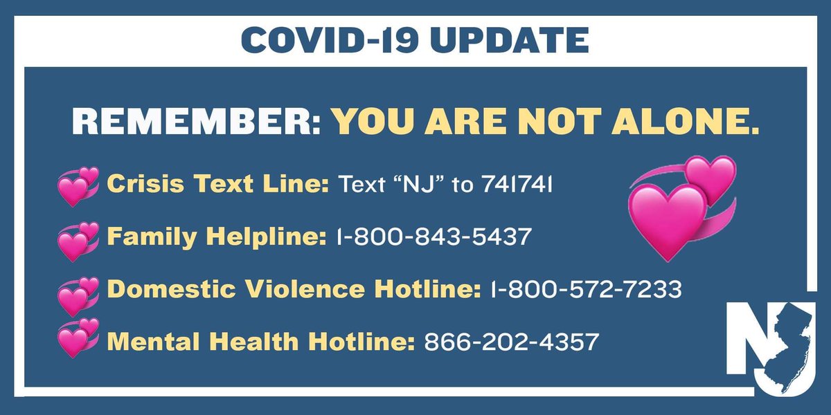 GovMurphy's tweet photo. The holidays can be hard on mental health – and even more so during this pandemic. If you're feeling down and need to talk:

💕Crisis Text Line: Text “NJ” to 741741
💕Family Helpline: 1-800-843-5437
💕Domestic Violence Hotline: 1-800-572-7233
💕Mental Health Hotline: 866-202-4357 https://t.co/JrlWL1LO0t