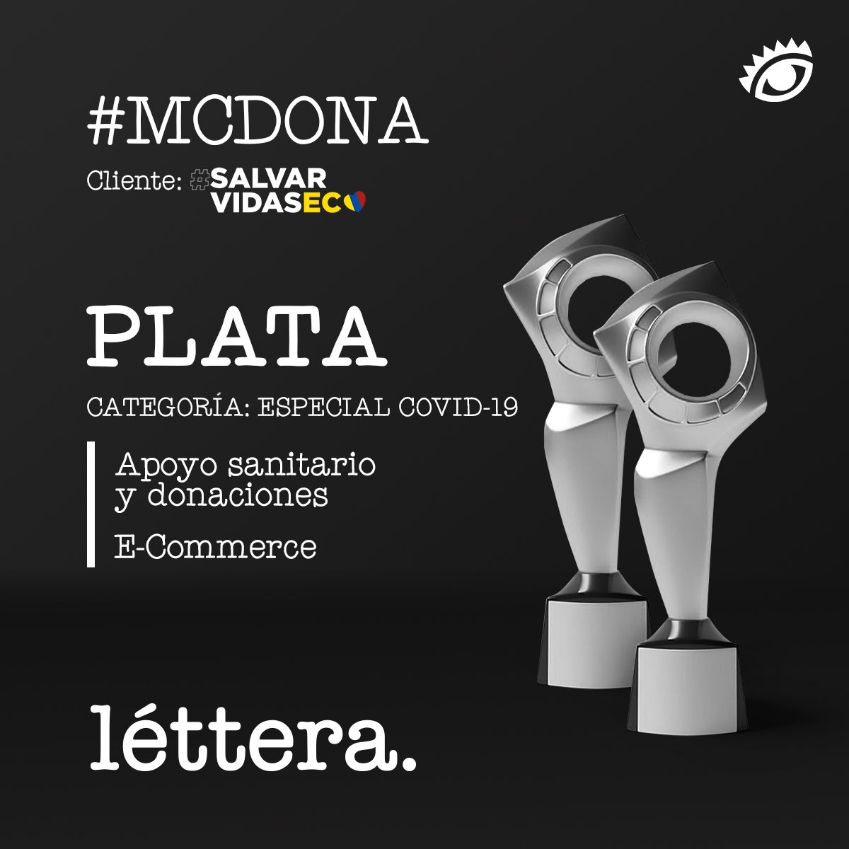 lettera_ec's tweet photo. Tenemos la inmensa alegría de recibir nuestros primeros premios internacionales: dos Ojos de Plata en el @elojofestival con la campaña #McDona junto a @McDonalds_Ecu para @SalvarVidasEC! Gracias a todo el equipo por su entrega, creatividad y pasión. Gracias  #SalvarVidas! 👏 https://t.co/VgzC2MJ911