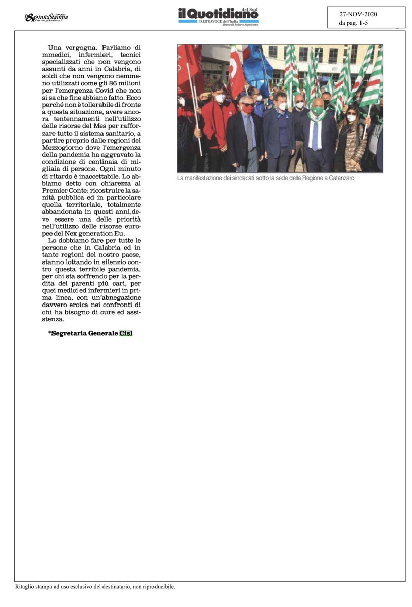🗞Non devono essere le persone più deboli a continuare a pagare con la propria vita i costi del mal governo, delle omissioni, degli scandali nella gestione della #sanità pubblica: #AnnamariaFurlan commenta sul Quotidiano del Sud le vicende calabresi #27novembre