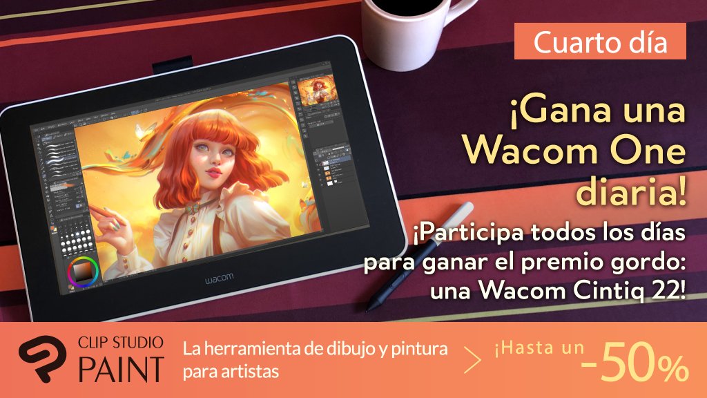clipstudiopaint's tweet photo. ¡Sigue la cuenta oficial de CLIP STUDIO PAINT y retuitea este tuit para entrar en el sorteo de una Wacom One! Hoy sorteamos la cuarta de 6, ¡una por día! ¡Y si participas los 6 días, podrás ganar una Wacom Cintiq 22! Información: https://t.co/Hyq4cj59mp https://t.co/uVBhndD37q