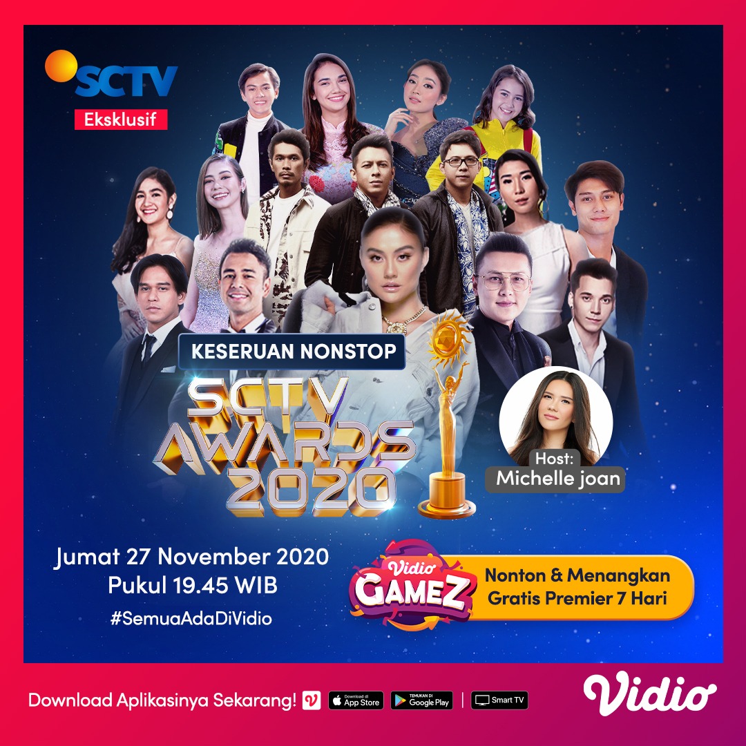 SCTV's tweet photo. Jangan lupa tonton live streaming keseruan nonstop SCTV Awards 2020 Jumat, 27 November 2020 mulai pukul 19.45 WIB di @vidio karena akan ada eksklusif interview di setiap jeda iklannya bersama para musisi &amp; bintang sinetron ternama Indonesia! https://t.co/31CACwmamf
