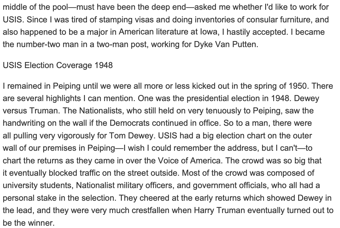 An Iowa boy with a degree in American literature, he was given a job at the US Information Service China while working at the Beijing consulate. It's interesting that work actually continued in the PRC—at least for a short time, until the reds booted them out.