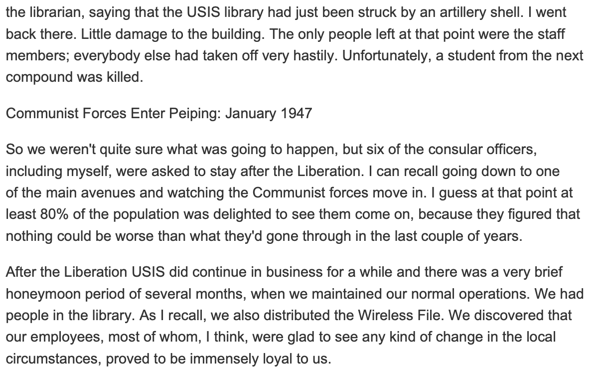 An Iowa boy with a degree in American literature, he was given a job at the US Information Service China while working at the Beijing consulate. It's interesting that work actually continued in the PRC—at least for a short time, until the reds booted them out.