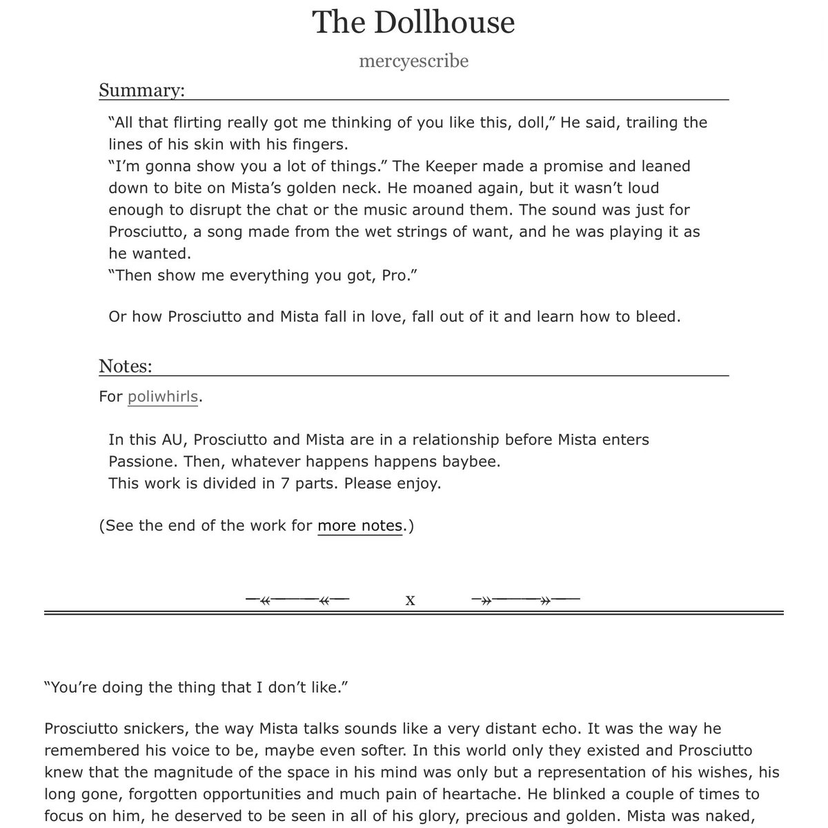 I don't know how I have not drawn something for The Dollhouse by @mercyescribe . I treasure this fic. Promis is a strange ship and Mercy has managed to tell a harrowingly beautiful story about two lovers who simply can never be. Poetic as it is sexy. Hopeful as it is painful. 