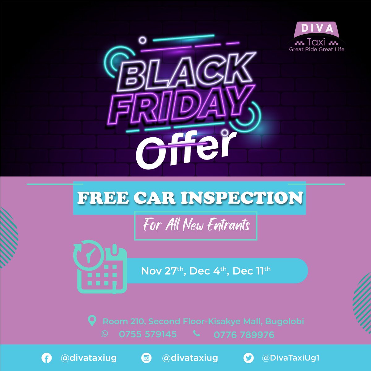 Diva Taxi has just weighed ⚖️off the car inspection fees👏👏 with our on going registration for drivers you can now get your car inspected at a free cost every Friday. 

For more information, ☎️/Whatsapp 0755579415 or 0776789976. OR visit the Diva Taxi offices in Bugolobi