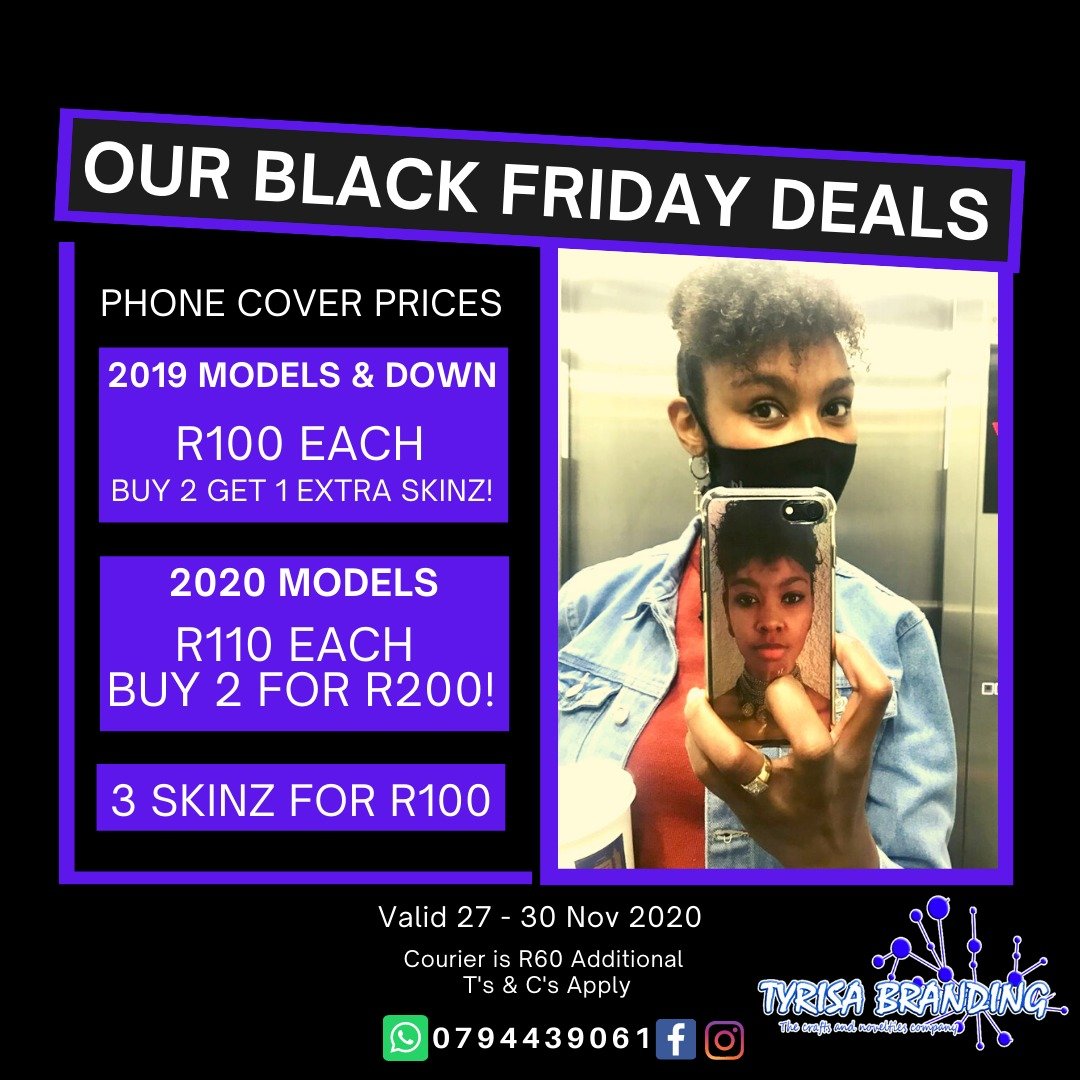 tyrisabranding's tweet photo. It's finally here!!! 📢📣📣

Get your new set of a phone cover for just R100 for 2019 Models &amp; Down, R110 for 2020 Models 💃💃

Don't miss out, your phone does a lot of work, now reward it🔥

WhatsApp us at 0794439061

#BlackFriday #BlackFridaySA #fridaymorning https://t.co/LUzQLyADbb