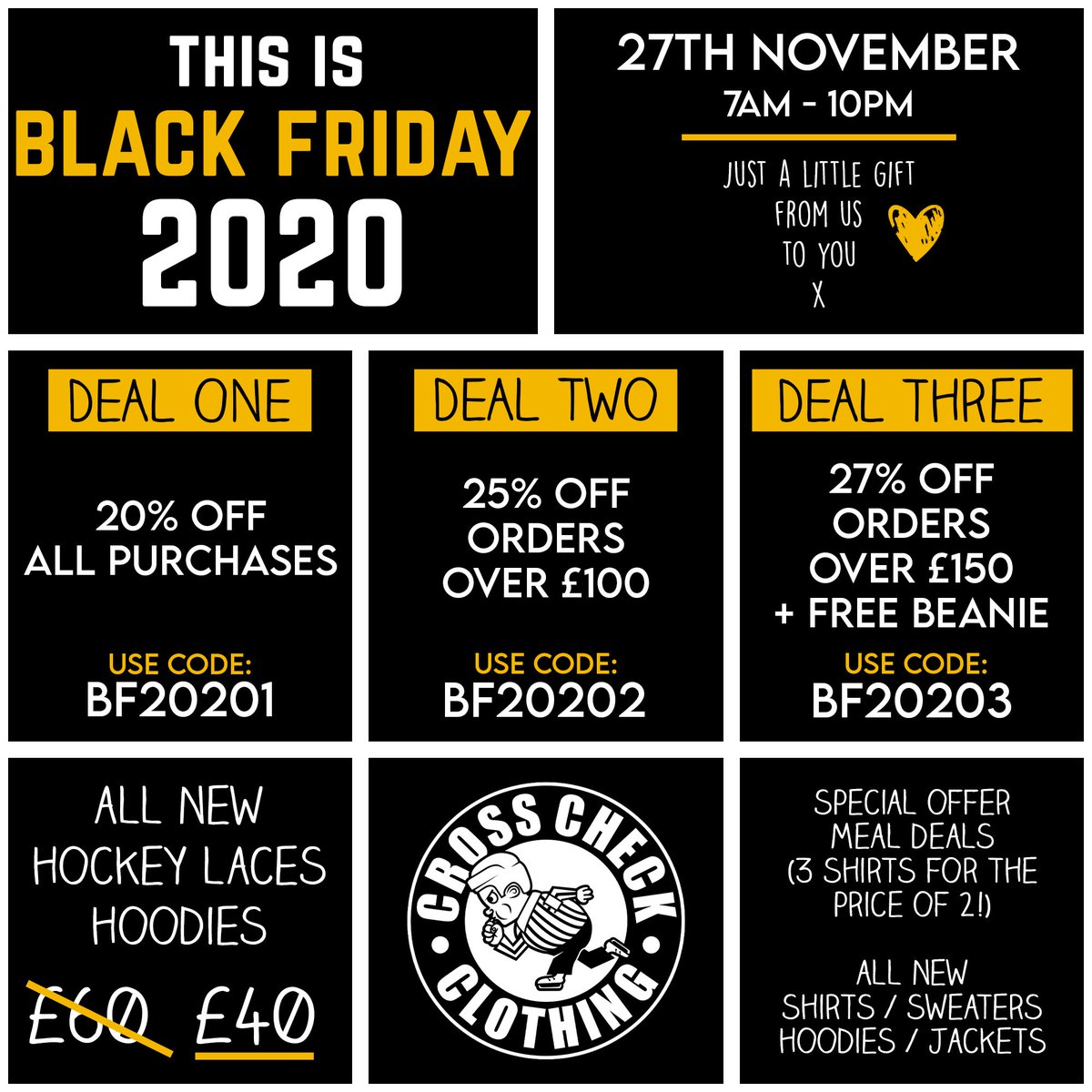 Black Friday 2020. 7am-10pm. Today only. Thank you. We love each and every one of you 🖤

BF GIVEAWAY - Wanna win £200 worth of free merchandise too? Well.
- Follow us. Like THIS tweet. Retweet THIS tweet. Tag 3 pals. Done.
We’ll pick a winner tomorrow!

shop.crosscheckclothing.co.uk