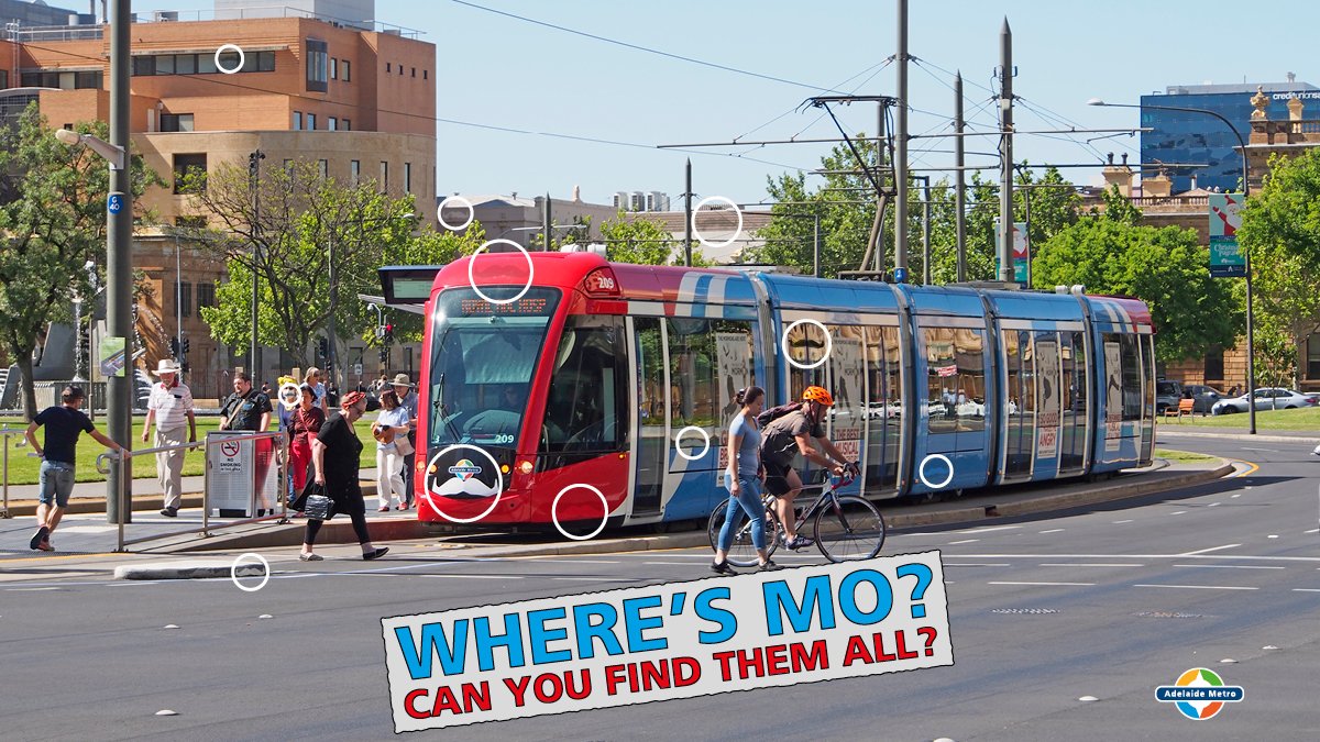 AdelaideMetroSA's tweet photo. Did you find all of our #AdelaideMetMo’s?
DO NOT LOOK if you don’t want to know where all the mo’s were hidden.
If you think you found all 11, or couldn’t find the last couple, we’ve found them for you.
#WheresMo #Movember https://t.co/OR8UlAC4I0