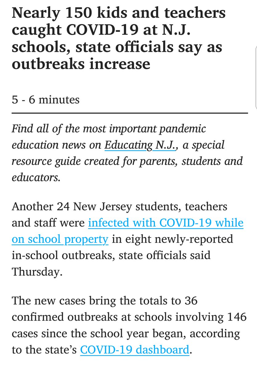 Nearly 150 kids and teachers caught COVID-19 at N.J. schools, state officials say as outbreaks increaseAnother one. That's 5 found so far. It's weird how they come up, or don't, in searches. Anyway, this may help to counteract information.  https://www.nj.com/education/2020/11/nearly-150-kids-and-teachers-caught-covid-19-at-nj-schools-state-officials-say-as-outbreaks-increase.html