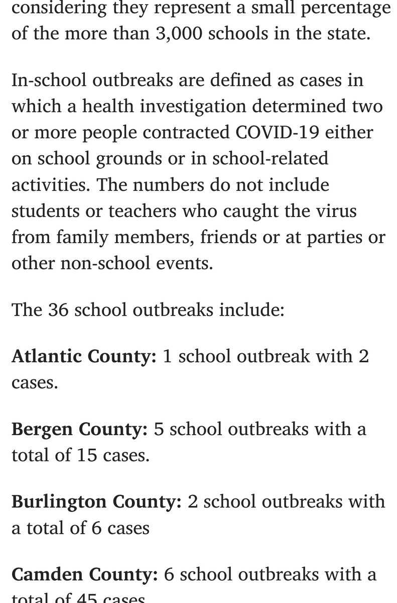 Nearly 150 kids and teachers caught COVID-19 at N.J. schools, state officials say as outbreaks increaseAnother one. That's 5 found so far. It's weird how they come up, or don't, in searches. Anyway, this may help to counteract information.  https://www.nj.com/education/2020/11/nearly-150-kids-and-teachers-caught-covid-19-at-nj-schools-state-officials-say-as-outbreaks-increase.html