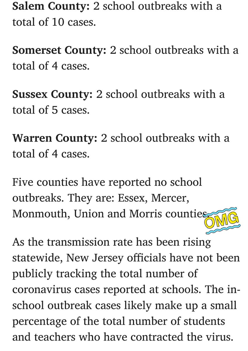 More screenshots from New Jersey and 150 kids and teachers and in-school transmission. It is a small number but am I reading they're not really tracking it well? Link again:  https://www.nj.com/education/2020/11/nearly-150-kids-and-teachers-caught-covid-19-at-nj-schools-state-officials-say-as-outbreaks-increase.html. @DrZoeHyde