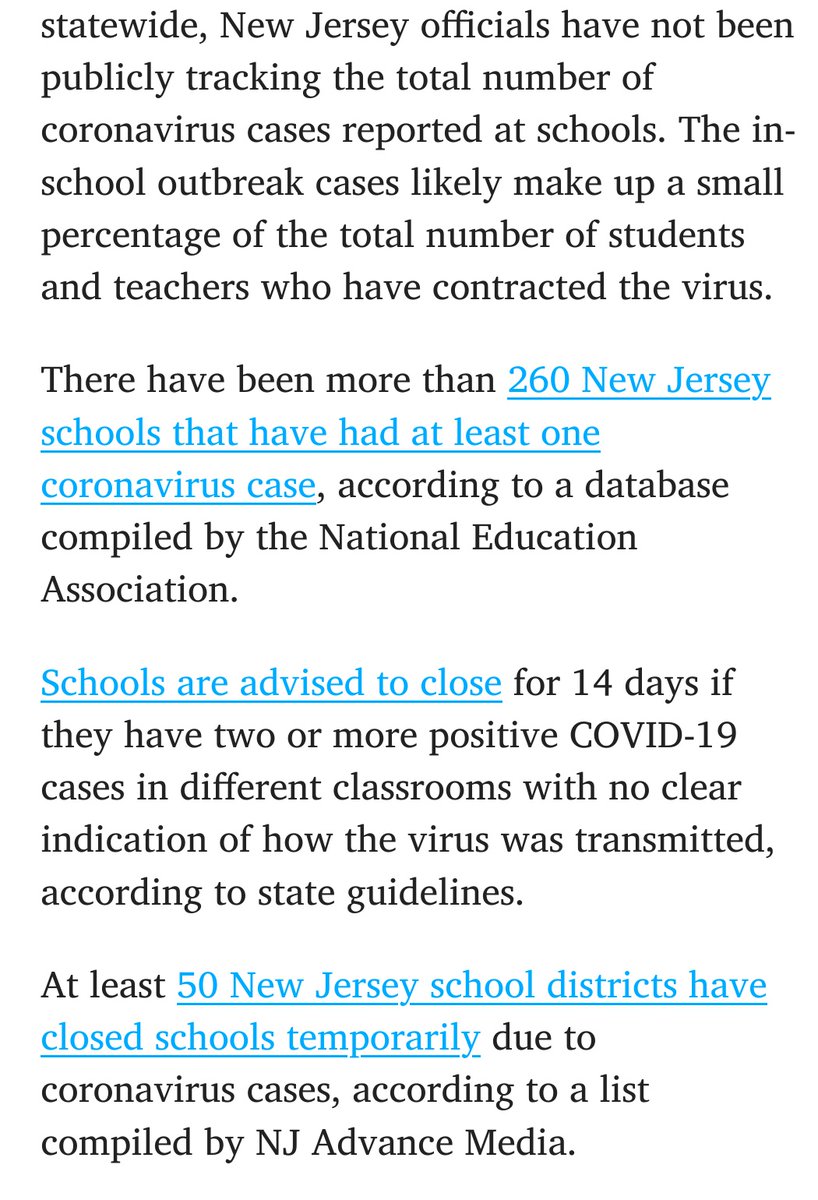 More screenshots from New Jersey and 150 kids and teachers and in-school transmission. It is a small number but am I reading they're not really tracking it well? Link again:  https://www.nj.com/education/2020/11/nearly-150-kids-and-teachers-caught-covid-19-at-nj-schools-state-officials-say-as-outbreaks-increase.html. @DrZoeHyde