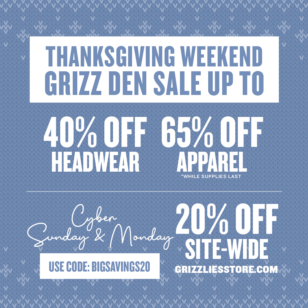 Stock up on your gear at the Grizz Den this weekend!
π°οΈ: 11am - 6pm.
Can't make it out? Shop the site with 20% off Sunday and Monday!
π :Β https://t.co/5FlTBndhZm https://t.co/QiqqdIXwOZ