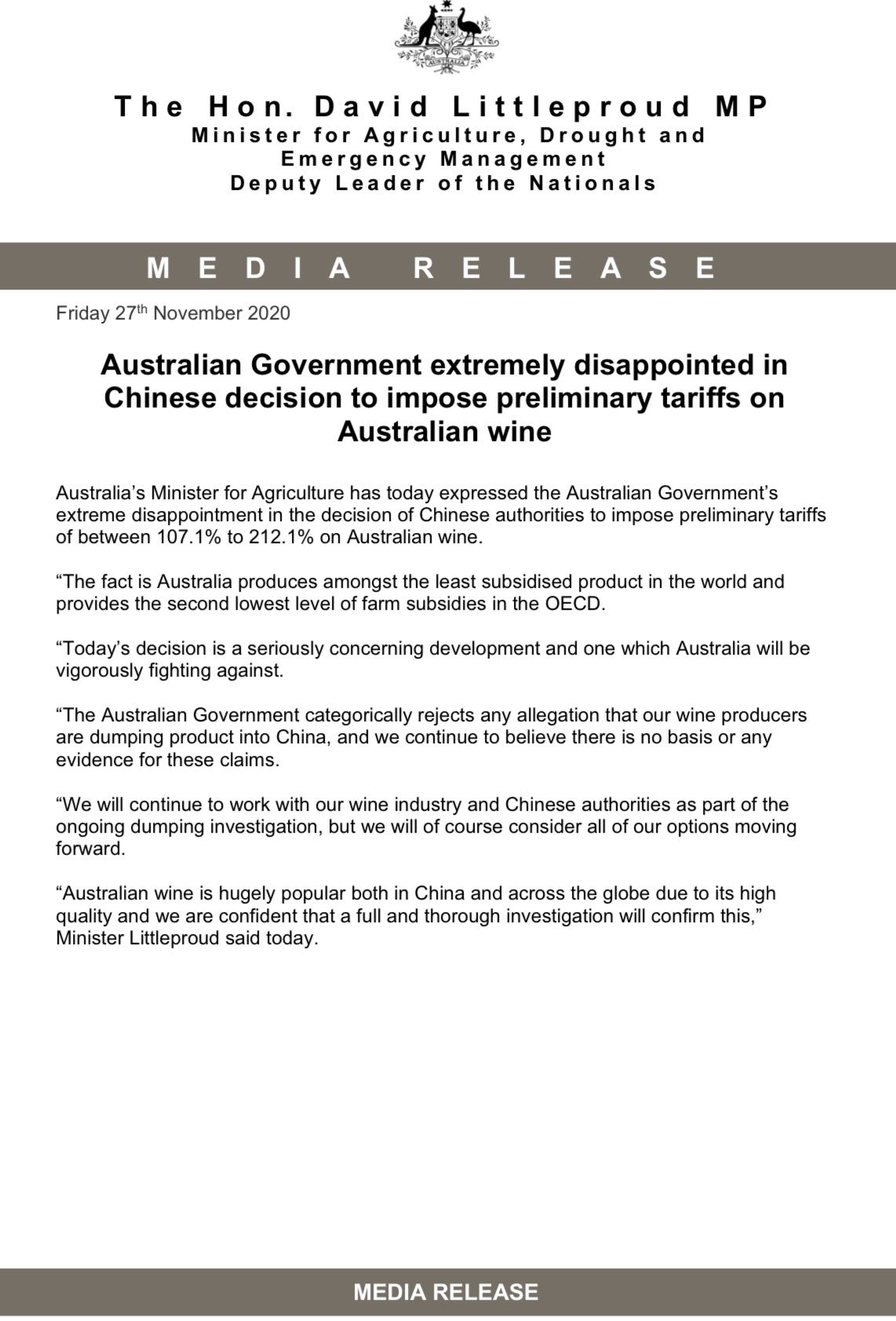David Littleproud Mp Media Release Australian Government Extremely Disappointed In Chinese Decision To Impose Preliminary Tariffs On Australian Wine Auspol Ausag Australianwine T Co Xk6jechg Twitter