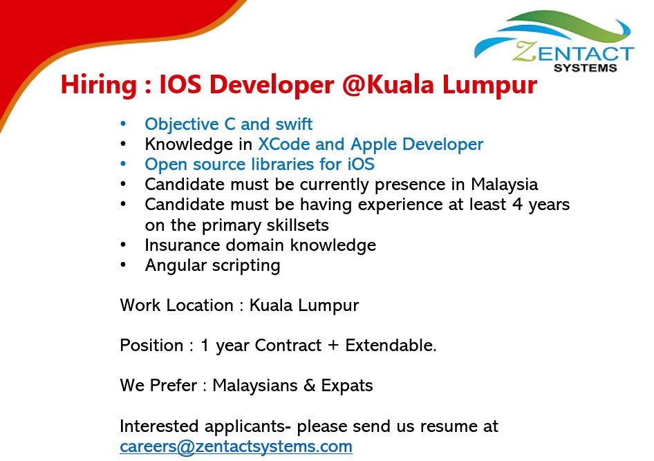 Zentactsystems's tweet image. Hiring #IOS_Developer Contract #KualaLumpur
#Objective_C and #swift
#XCode and #Apple_Developer
#Open_source_libraries_for_iOS
We Prefer : #Malaysians & #Expats
Interested applicants- please send us resume at careers@zentactsystems.com
#ZENTACTSYSTEMS #iosdeveloper
#RT_PLS