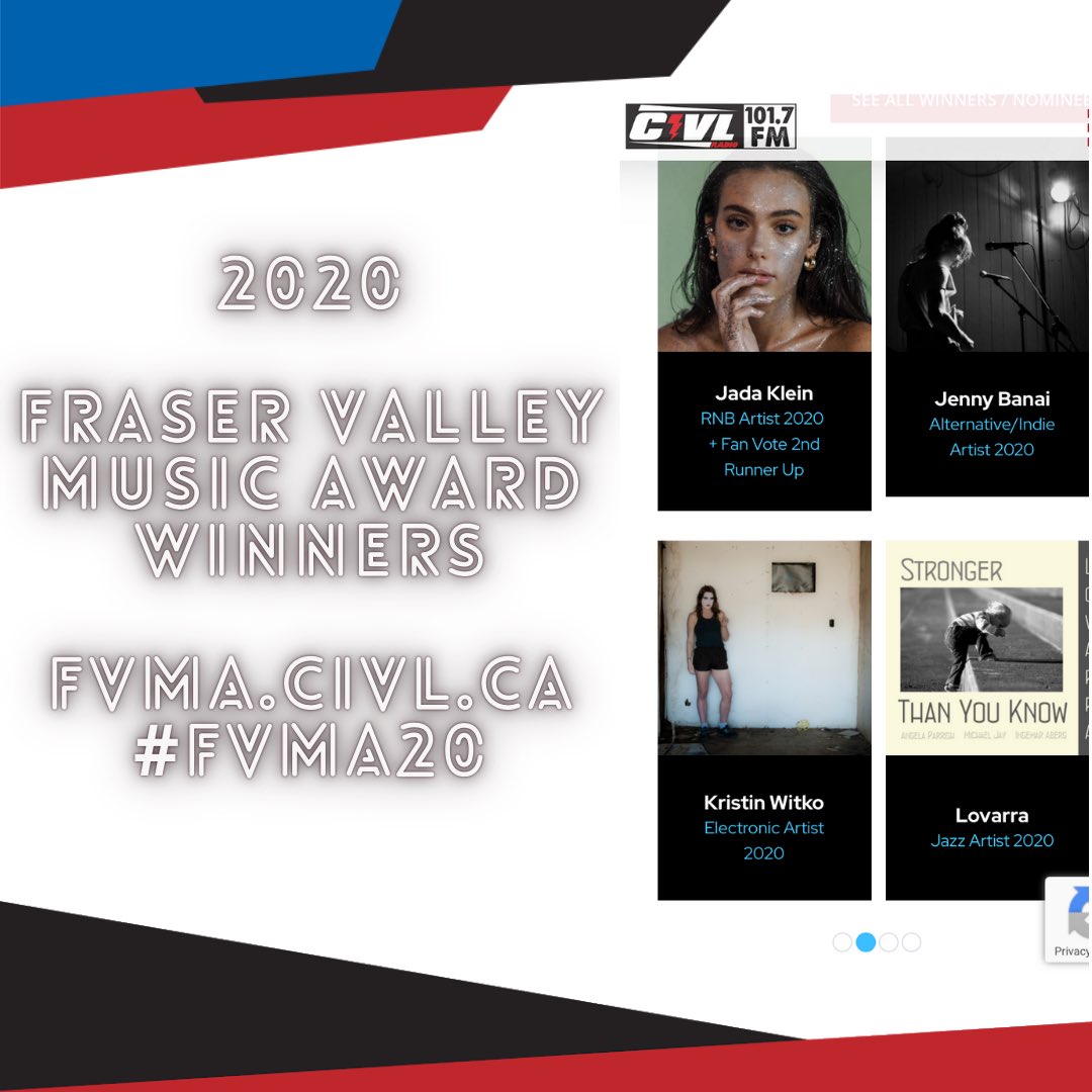 CIVL_Radio's tweet photo. Congrats to our 16 #FVMA20 #FraserValleyMusicAward #Winners this year, earning $10,170 between them! Watch the video stream featuring 6 live studio sets  and the @sookyinlee keynote address/song for #COVID19! #FVRD #Gvrd #localmusic #Abbotsford #Missionbc #Chilliwack #Langley https://t.co/h6qpsS4Pcw