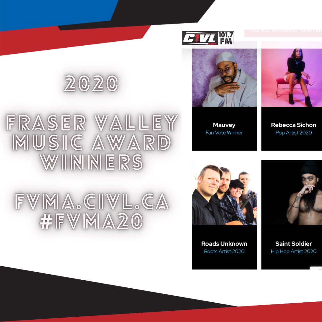 CIVL_Radio's tweet photo. Congrats to our 16 #FVMA20 #FraserValleyMusicAward #Winners this year, earning $10,170 between them! Watch the video stream featuring 6 live studio sets  and the @sookyinlee keynote address/song for #COVID19! #FVRD #Gvrd #localmusic #Abbotsford #Missionbc #Chilliwack #Langley https://t.co/h6qpsS4Pcw