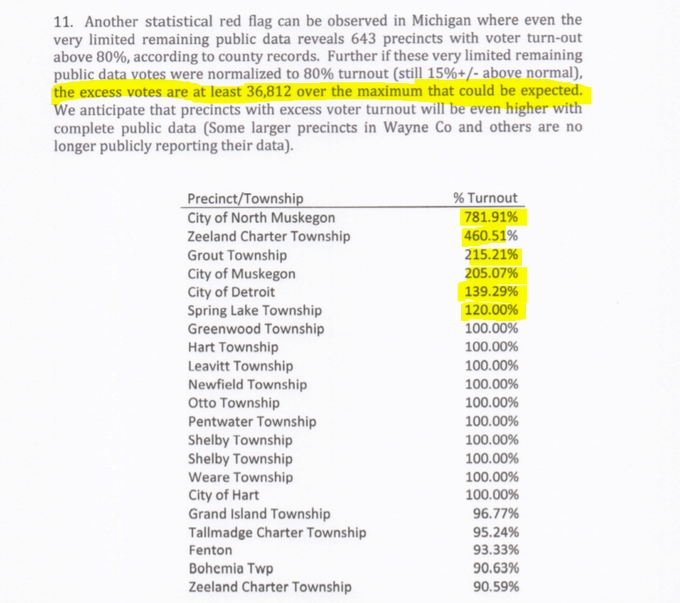 "Another statistical red flag can be observed in Michigan where even the very limited remaining public data reveals 643 precincts with voter turn-out above 80%, according to county records."