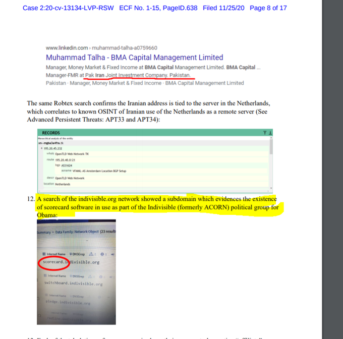 "A search of the indivisible. org network showed a subdomain which evidences the existence of scorecard software in use as part of the Indivisible (formerly ACORN) political group for Obama"