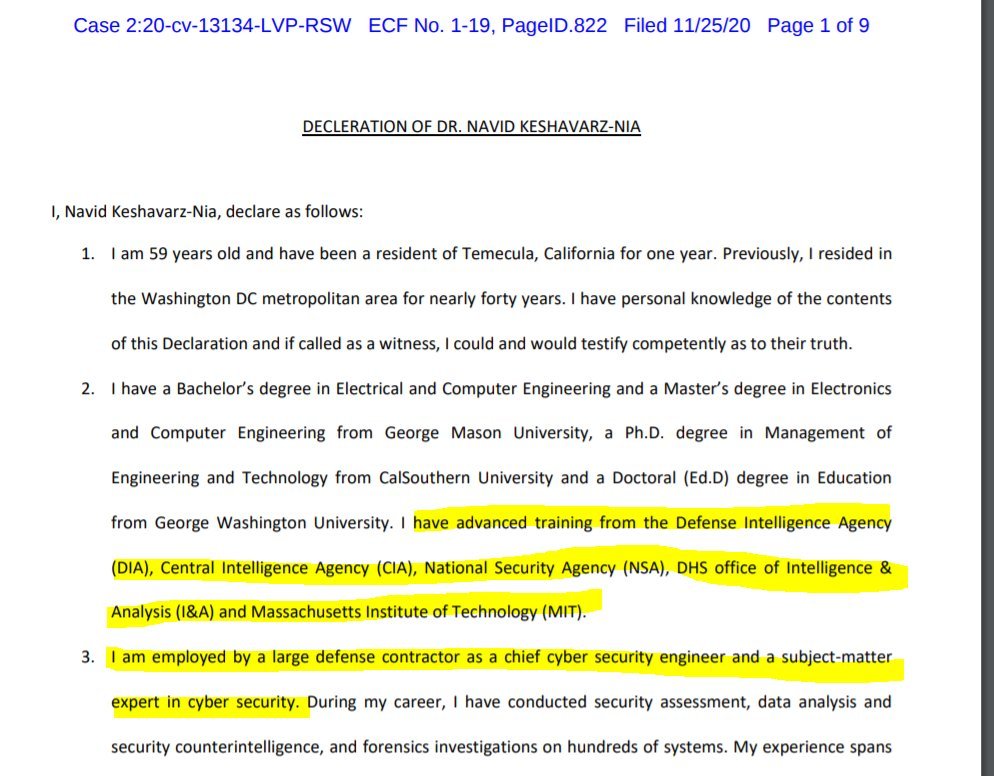 Exhibit #19Affiant: DR. NAVID KESHAVARZ-NIA"advanced training from the Defense Intelligence Agency (DIA), Central Intelligence Agency (CIA), National Security Agency (NSA), DHS office of Intelligence & Analysis (I&A) and Massachusetts Institute of Technology (MIT)."