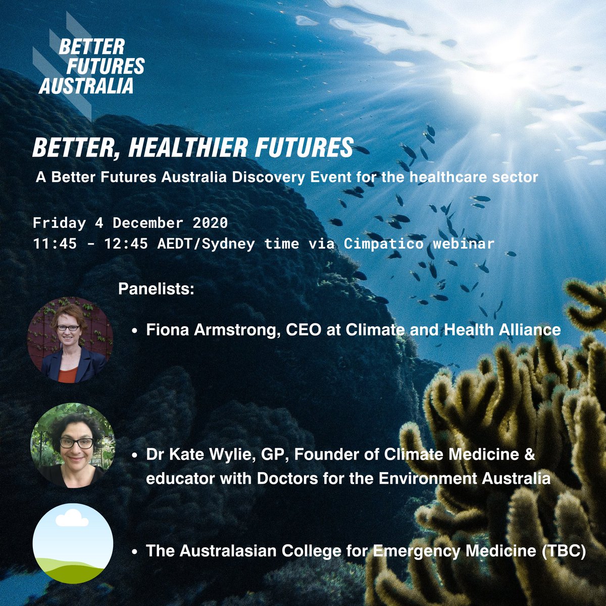 Climate and Health Alliance (@healthy_climate) on Twitter photo Next Friday! Our director Fiona Armstrong will speak at 'Better, Healthier Futures', a <a href="/BetterFuturesAU/">Better Futures Australia</a> event for the healthcare sector
She'll be joined by Dr Kate Wylie of Climate Medicine and a speaker from ACEM
🗓️ Fri 4 Dec
⏰ 11.45-12.45 AEDT
🔗 betterfutures.org.au/event_041220 Next Friday! Our director Fiona Armstrong will speak at 'Better, Healthier Futures', a <a href="/BetterFuturesAU/">Better Futures Australia</a> event for the healthcare sector
She'll be joined by Dr Kate Wylie of Climate Medicine and a speaker from ACEM
🗓️ Fri 4 Dec
⏰ 11.45-12.45 AEDT
🔗 betterfutures.org.au/event_041220