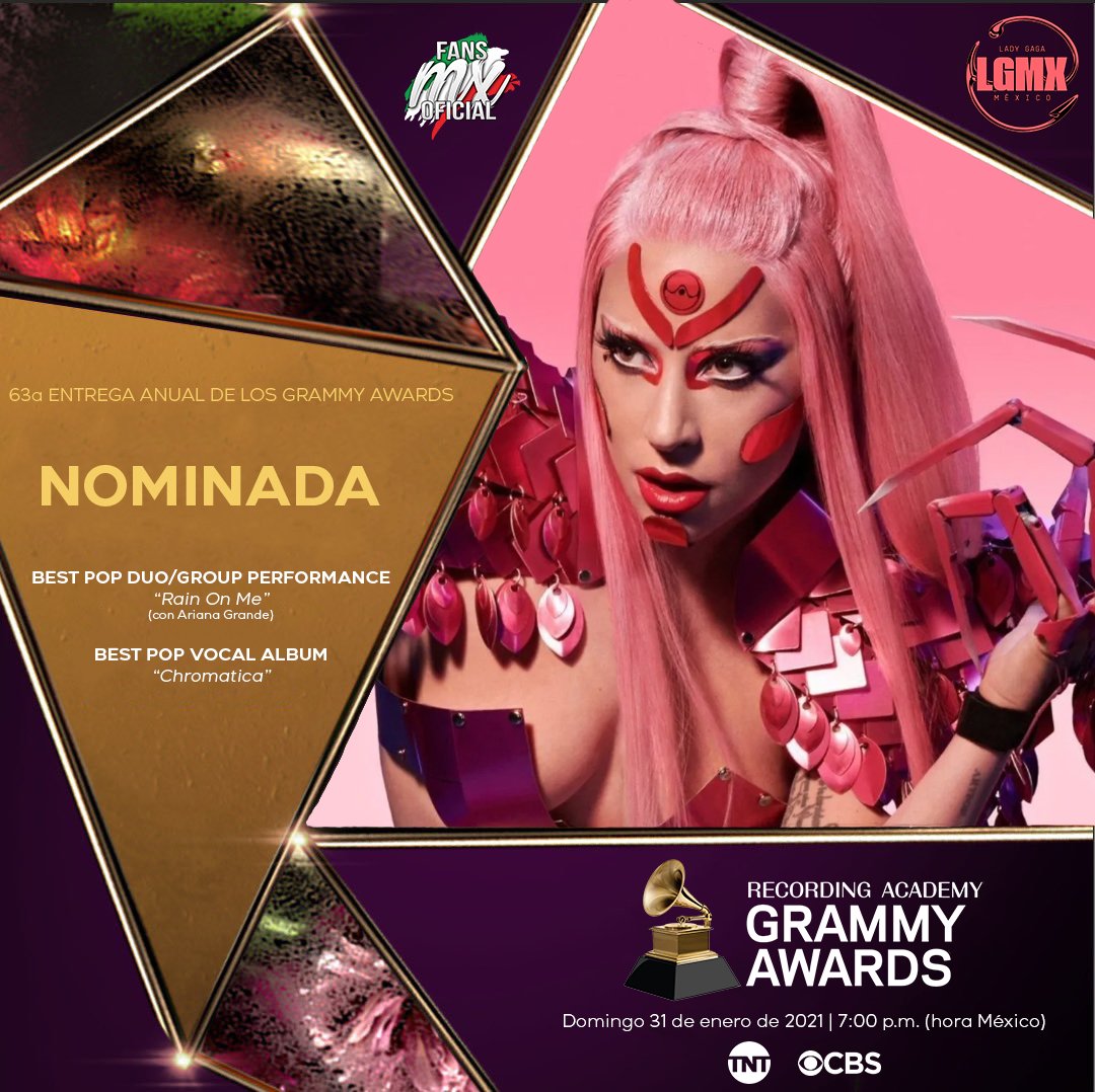fansmxoficial's tweet image. ¡Muchas Felicidades a @ladygaga por sus nominaciones en la 63a entrega anual de los premios #GRAMMYs! 👏🎉

• BEST POP DUO/GROUP PERFORMANCE - 'Rain On Me' (con @ArianaGrande)
• BEST POP VOCAL ALBUM - 'Chromatica'

#GRAMMYs2020 
#FMO