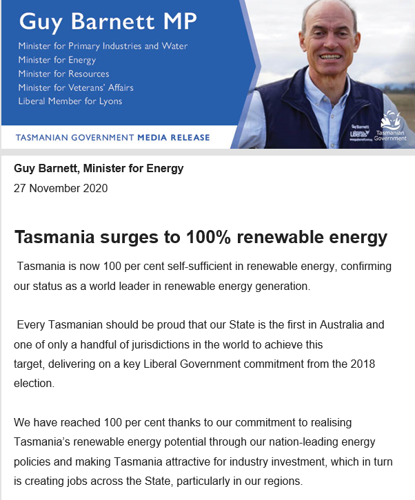 Some great #renewable news at the end of a week of amazing #renewable news.  Tassie now joins just a handful of places around the world powered by 100% renewable energy!!! 

Huge congrats to <a href="/GuyBarnett/">Guy Barnett</a> and all those working on renewables in Tasmania.  🍾🍾🍾

Onwards to 200%!