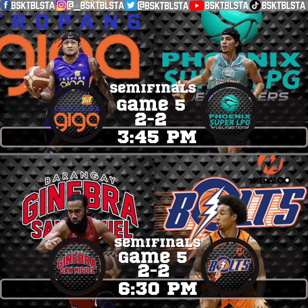 MGA LARO NGAYON!
WIN OR GO HOME GAME 5!
1ST Game
Tnt Tropang Giga Vs.
Phoenix Super LPG FuelMasters
3:45 PM
2ND Game
Brgy. Ginebra Vs.
Meralco Bolts
6:30 PM
Sino ang papasok sa Finals sa #PBABubble? Bakbakan na!
#PBATayoAngBida
#PBATuloyAngLaban https://t.co/HpZlHfTPDw
