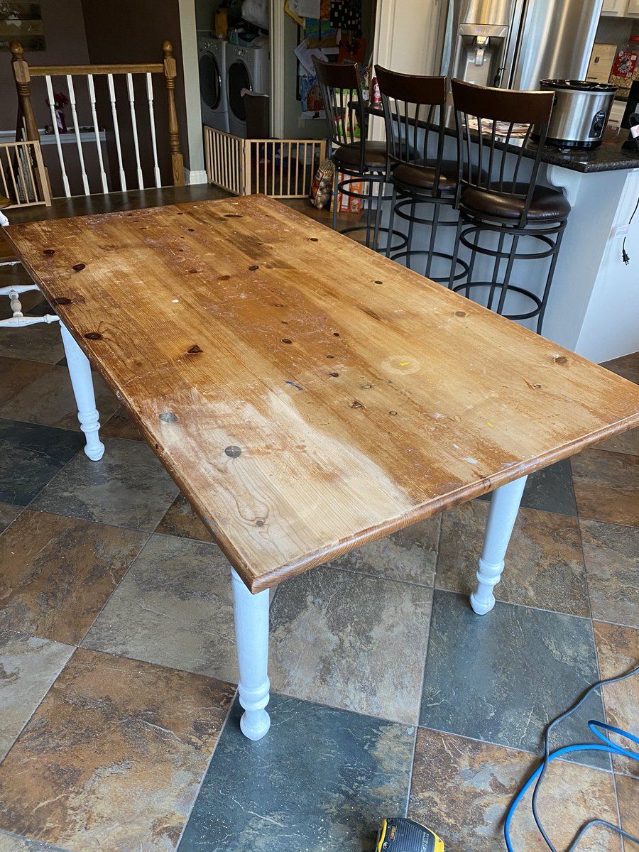 The well-used &amp; abused table in our kitchen that we eat at all the time. The kids use it to do craft projects on.  Old stain/sealer mostly worn off &amp; what was left was sticky/tacky &amp; well...just gross. When I was a kid this was the formal dining room table at my parents’ house.