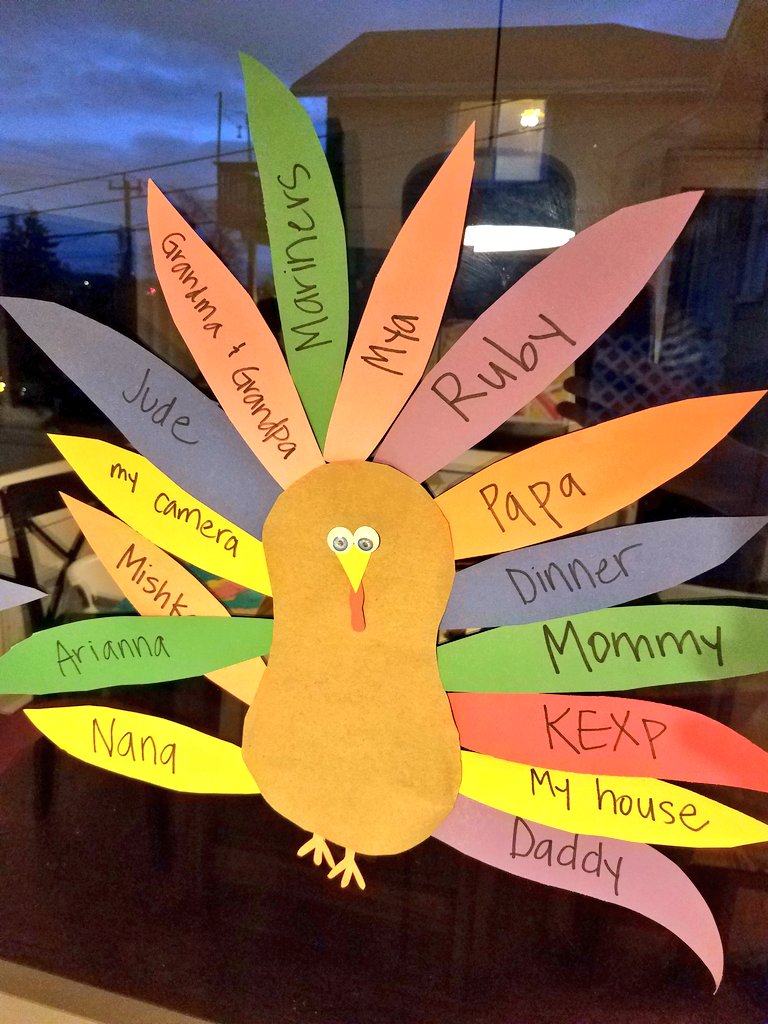 Hey <a href="/kexp/">kexp</a>, just thought you should know you made the cut on our 6 year old's gratefulness turkey. Keep making an impact.