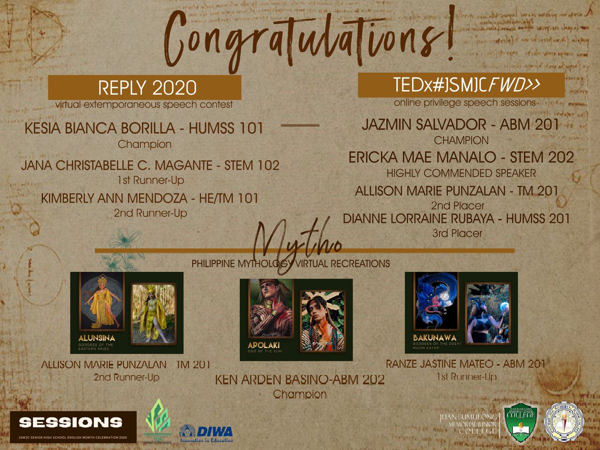 IAmSumulongSHS's tweet photo. CONGRATULATIONS to all the WINNERS!
#JSMJCFWD>>
#KeepingEducationMovingForward https://t.co/2uZlOBUxs4