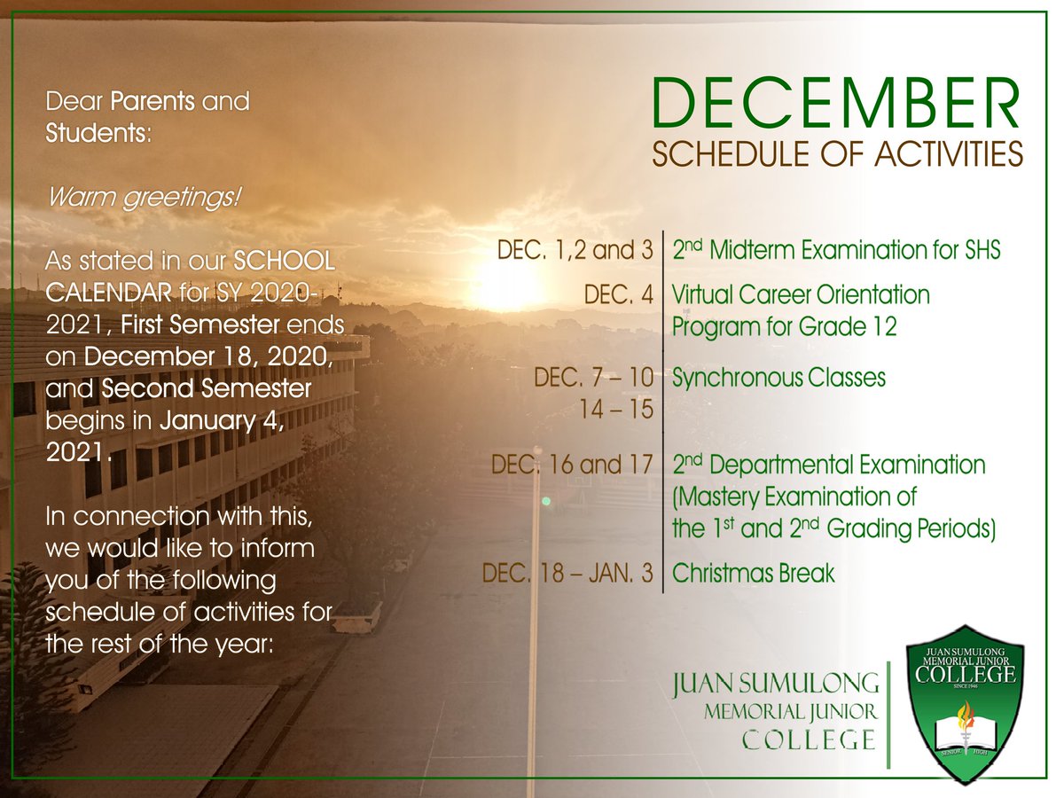 IAmSumulongSHS's tweet photo. [OFFICIAL ANNOUNCEMENT]
DECEMBER SCHEDULE OF ACTIVITIES

#JSMJCFWD>>
#KeepingEducationMovingForward https://t.co/Axk8tCMA5d