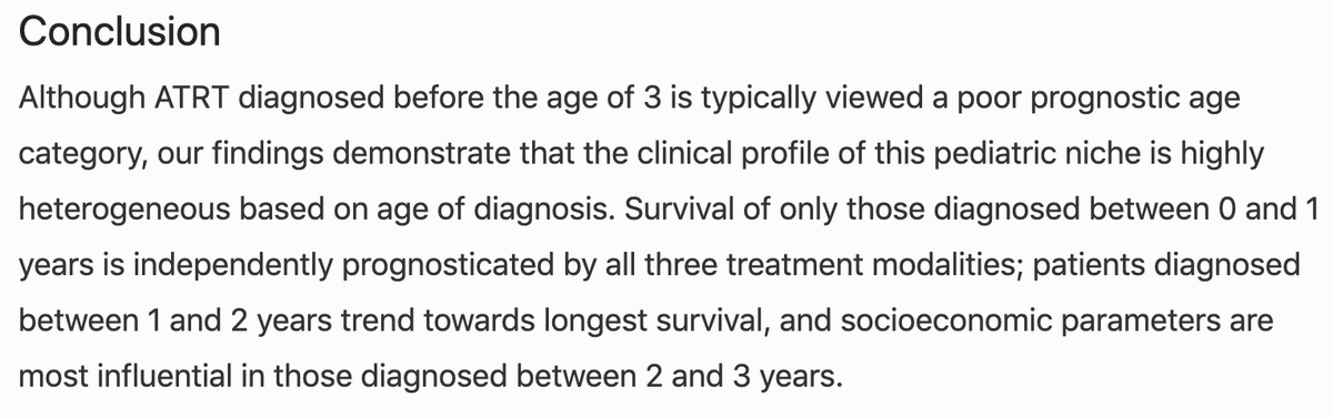 victorlumd's tweet photo. Awesome work by #longdi @DanielEichberg @evanluthermd #ashishshah @UMneurosurgery showing age is not clinically linear in atypical teratoid/rhabdoid tumors  within the <3 age group. Wonder how valid the assumption of clinical linearity is in neurosurgical outcomes in general? https://t.co/xevfdyVkRL