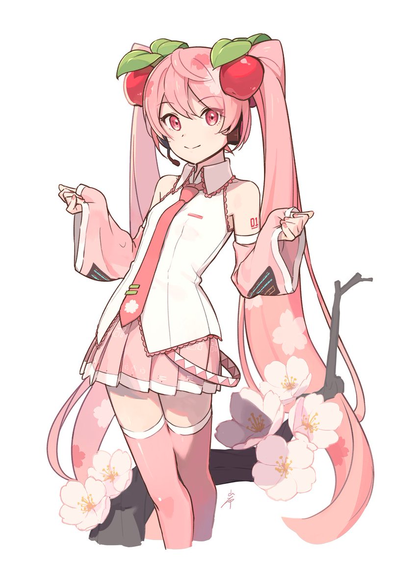 hatsune miku ,sakura miku 1girl solo necktie long hair hair ornament thighhighs pink hair  illustration images