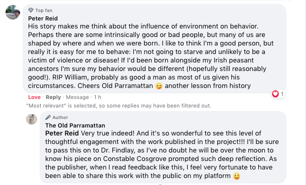 stjohnsdatabase's tweet photo. Fantastic feedback here for @find_findlay's latest piece about Convict Constable William Cosgrove, who died in the line of duty in 1819! It's evidence of the public's deep engagement with the work published on the @Create_NSW-funded @stjohnsdatabase. #feelingchuffed 😊 #OzHist https://t.co/TJFcWw36sl