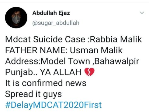 FatimaA05277638's tweet photo. This is so disturbing💔
@ImranKhanPTI @arbab_jahangir 
@BBhuttoZardari @MaryamNSharif 
@fslsltn 
#ShameonPMCandImranKhan 
#DelayMDCAT2020First https://t.co/pRKD9rpf8Z
