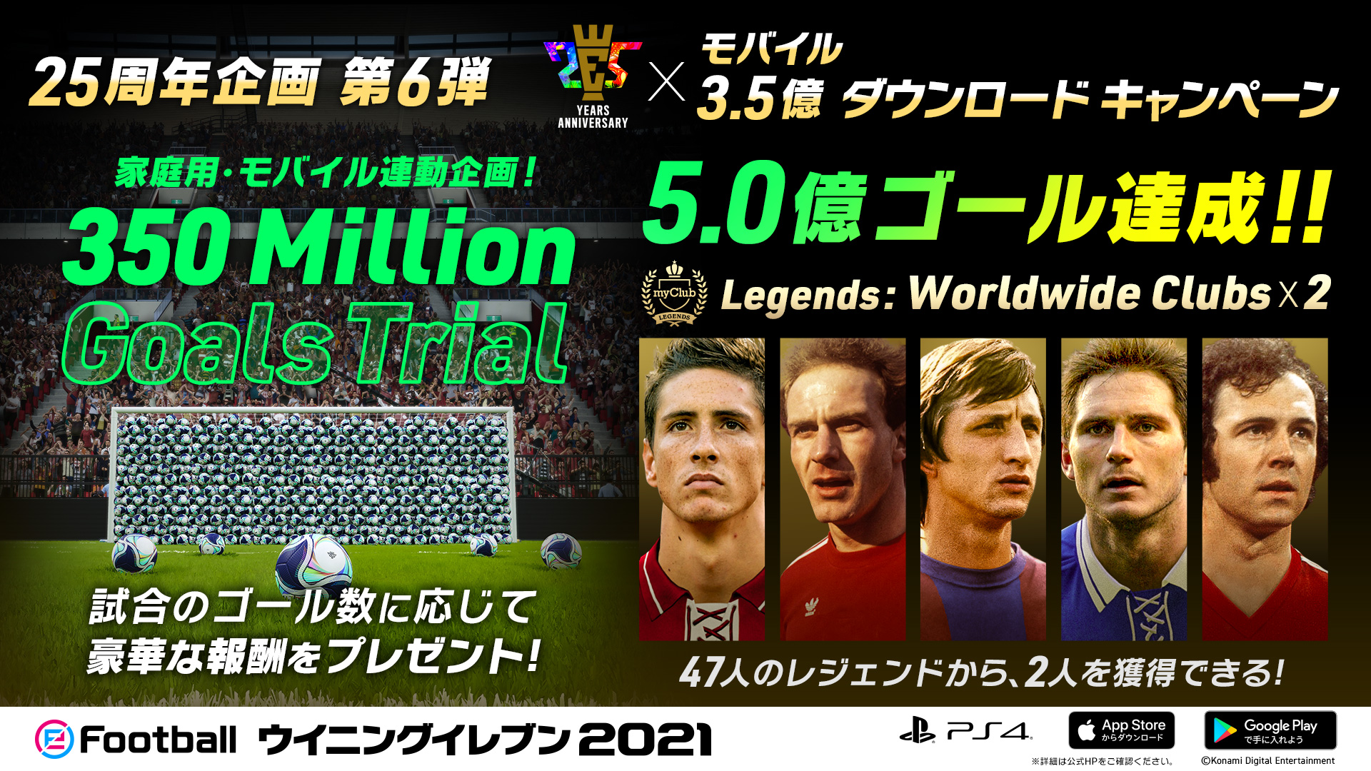 ウイニングイレブン 350 Million Goals Trial 続報 世界中のユーザーのゴール数が 5億ゴールを達成しました 期間中にお楽しみいただいた皆様へ感謝を込めて レジェンドが2名獲得できる Legends Worldwide Clubs 2 を追加で