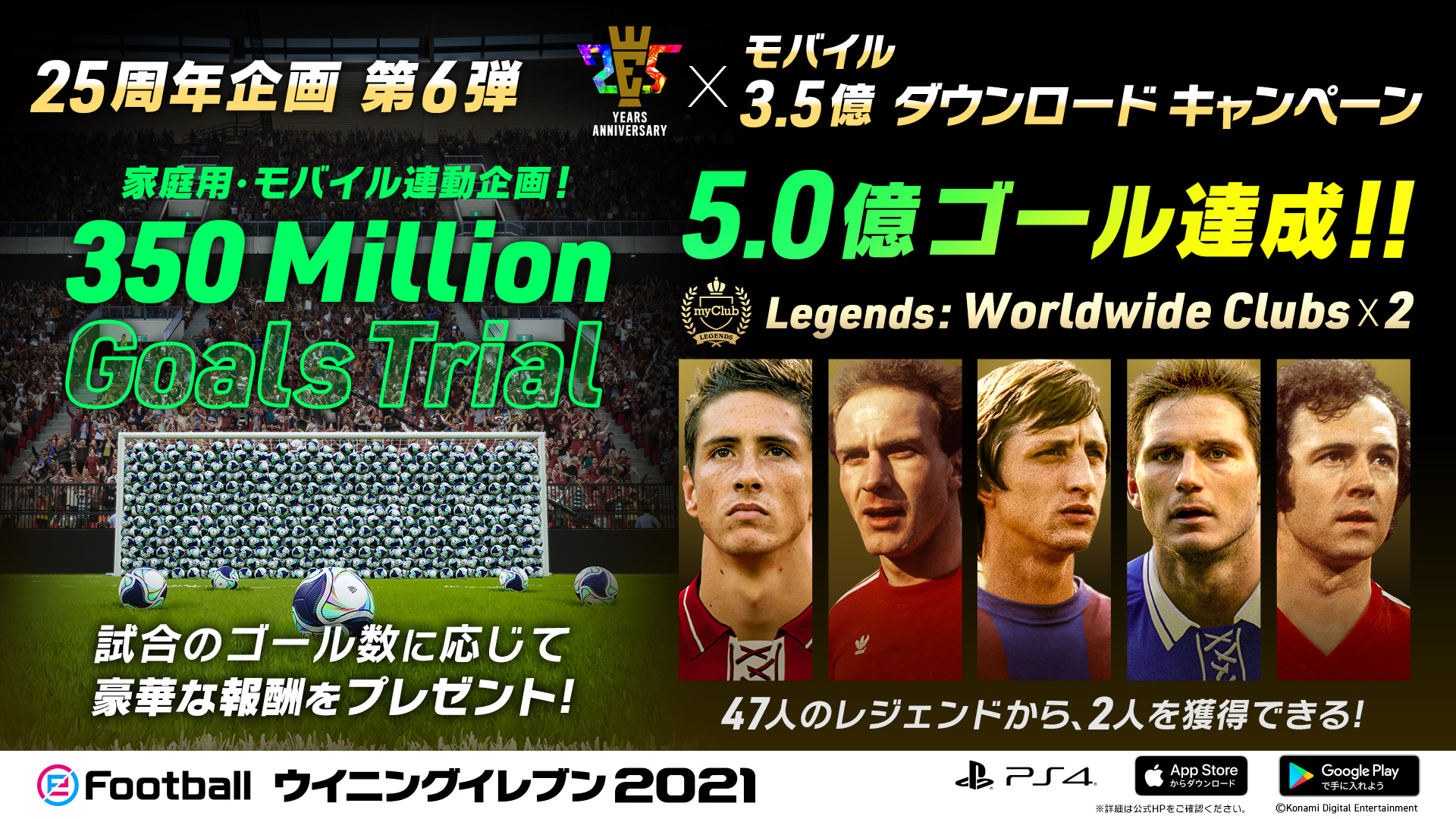 Efootball 公式 350 Million Goals Trial 続報 世界中のユーザーのゴール数が 5億ゴールを達成しました 期間中にお楽しみいただいた皆様へ感謝を込めて レジェンドが2名獲得できる Legends Worldwide Clubs 2 を追加でプレゼントし Efootball 公式 350 Million Goals Trial 続報 世界中のユーザーのゴール数が 5億ゴールを達成しました 期間中にお楽しみいただいた皆様へ感謝を込めて レジェンドが2名獲得できる Legends Worldwide Clubs 2 を追加でプレゼントし