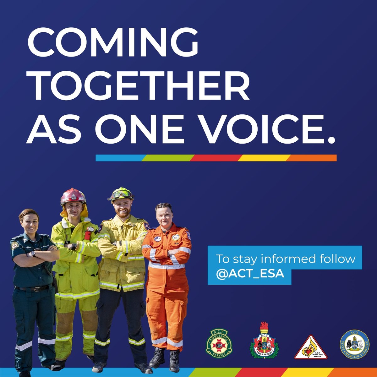 ACTRFS's tweet image. FOLLOWERS PLEASE NOTE: ACT Emergency Services Agency is coming together as one voice for safety. From 1 December 2020, all updates from ACT Ambulance Service, ACT Fire &amp;amp; Rescue, ACT Rural Fire Service and ACT State Emergency Service will come from @ACT_ESA. 

#OneVoiceForSafety