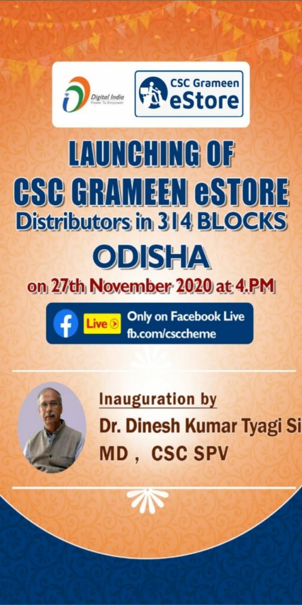 Launch of CSC Grameen eStore Distributor's in 314 Blocks across Odisha by Hon'able MD CSC SPV <a href="/dintya15/">dinesh tyagi Retd IAS</a> Sir today at 4 P.M.

#CSCOdishaVocalForLocal  #cscgrameenestore #CSCseGRAMSWARAJ

<a href="/CMO_Odisha/">CMO Odisha</a> <a href="/MoSarkar_Odisha/">Mo Sarkar</a> <a href="/EIT_Odisha/">E&IT Department Odisha</a> <a href="/CSCegov_/">CSCeGov</a>  <a href="/dintya15/">dinesh tyagi Retd IAS</a> <a href="/SwornaprabhaSi1/">Swornaprabha Singh</a>