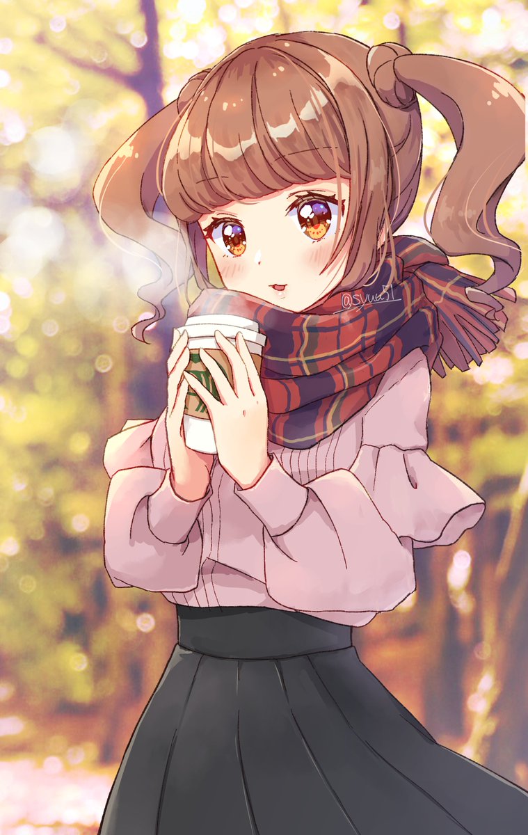 1girl brown hair twintails solo skirt scarf cup  illustration images