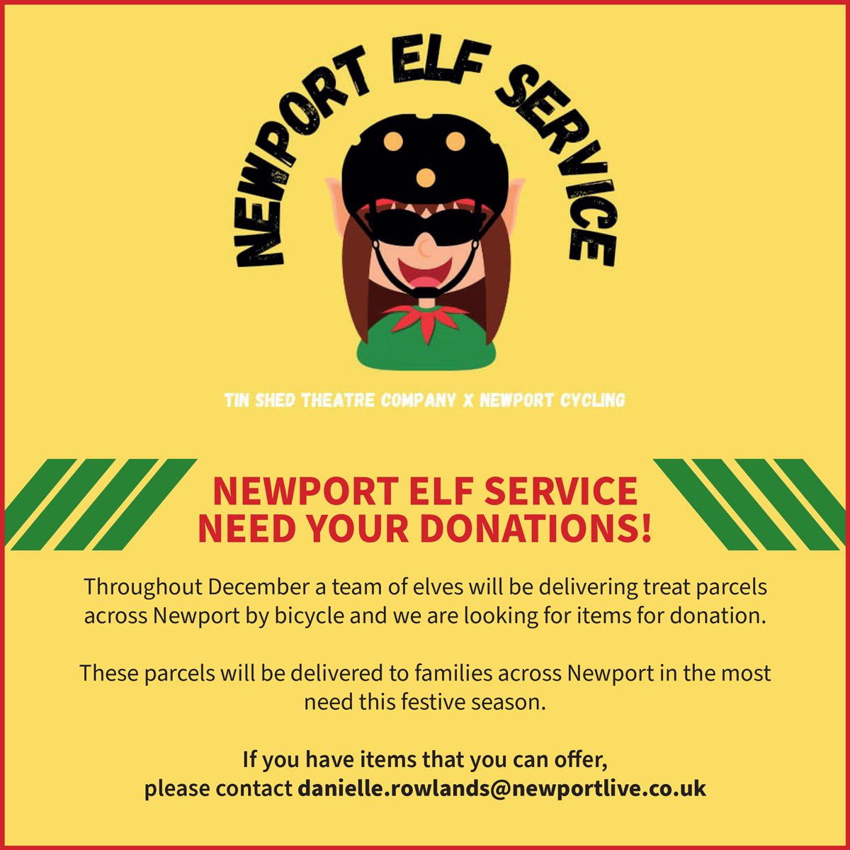 NEWPORT ELF SERVICE! Alongside
<a href="/Casnewydd_Cycle/">Casnewydd Community Cycling</a> we are sending out a task force team of elves on furlough. The sleigh is in storage so they are embarking on a cycle mission to deliver treat bundles across Newport to families in need. Give them a wave if you see them 🎄 #HAPPENUS