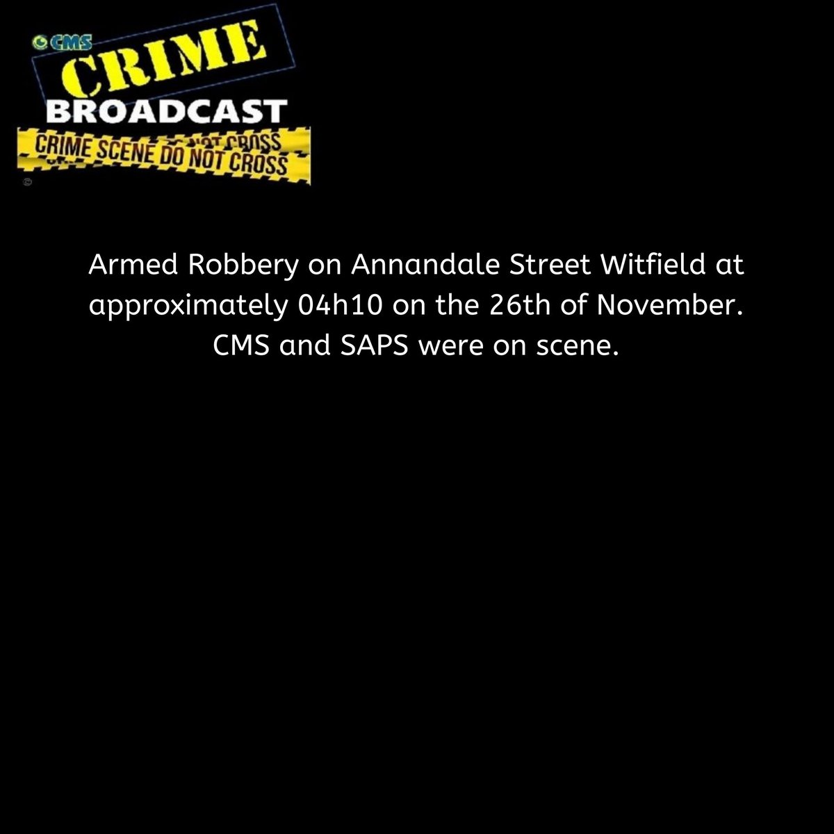 Crimebroadcast 2020-11-27
#CommunityRules #Safety
#proudlycms #Patrolling #Precincts #Ekurhuleni #Reaction #Closures #CommunityMonitoringServices https://t.co/9EW10HdrYc